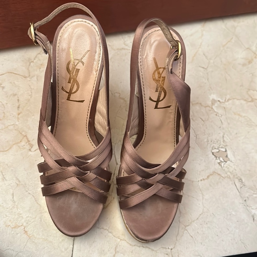 YSL gold platform wedges gold paint is scuffed and slightly damaged